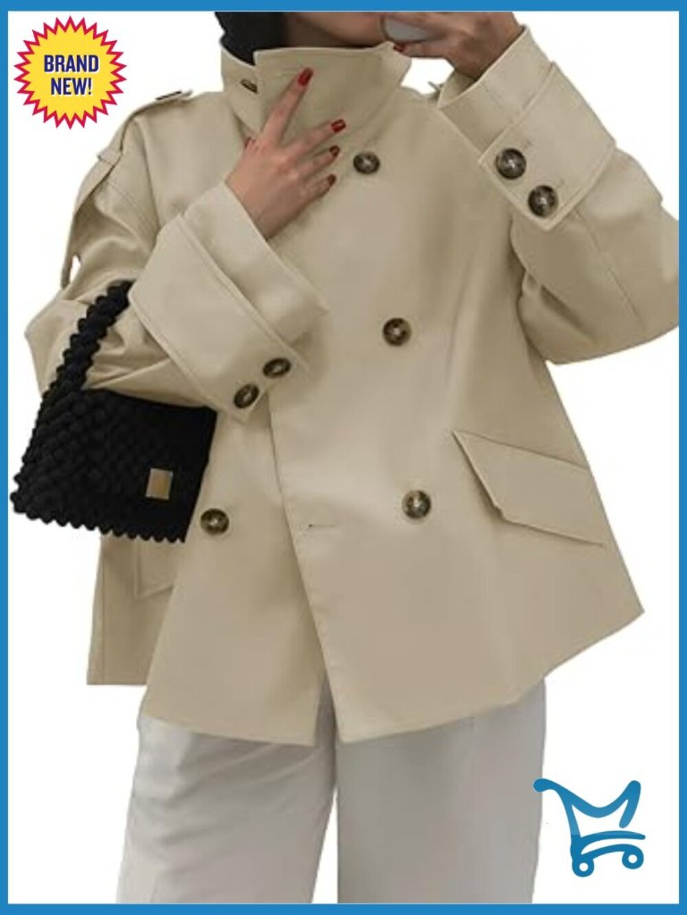 Cropped Trench Coat Oversized Double Breasted Stand Collar Short Jacket